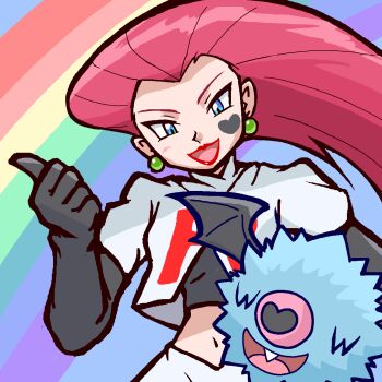 Rule 34 | 1girl, aqua eyes, black gloves, black shirt, commentary request, crop top, cropped jacket, earrings, eyelashes, facial mark, fingerless gloves, gardear058, gen 5 pokemon, gloves, heart, heart facial mark, heart stamp (pokemon), highres, jacket, jessie (pokemon), jewelry, lipstick, long hair, makeup, midriff, navel, nintendo, open mouth, pink hair, pokemon, pokemon (anime), pokemon (creature), pokemon bw (anime), rainbow, red lips, shirt, short sleeves, smile, team rocket, team rocket uniform, tooth, white jacket, woobat