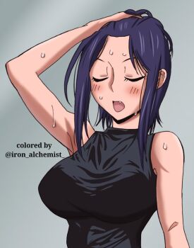 1girl arm_up blush breasts closed_eyes colorized commentary english_commentary english_text exhausted fang hair_pulled_back hand_in_own_hair hitomi-chan_wa_hitomishiri hot iron_alchemist large_breasts messy_hair natsumi_chorisuke open_mouth sidelocks simple_background sleeveless solo sweat takano_hitomi third-party_edit upper_body