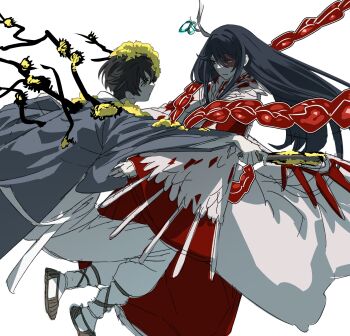 2boys branch brown_sandals chinese_clothes coat dragon_horns e.g.o_(project_moon) eastern_dragon_horns flower flower_over_eye full_body grey_coat hagoromo hair_flower hair_ornament hanbok hanfu hashtag-only_commentary heterochromia highres hong_lu_(project_moon) horns korean_clothes limbus_company long_sleeves multiple_boys pants plant_wings project_moon red_hanfu sandals shawl single_horn spicebush_(e.g.o) tears_of_the_tarnished_blood_(e.g.o) technology_liberation_alliance_(identity)_(project_moon) white_coat white_hanbok white_pants wide_sleeves wings woodhdhg yellow_flower yi_sang_(project_moon)