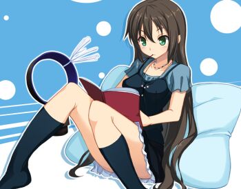 Rule 34 | 1girl, black dress, black socks, blue shirt, book, brown hair, dress, food, food in mouth, foot out of frame, green hair, jewelry, long hair, looking at object, necklace, object on lap, open book, original, pillow, pinafore dress, pocky, pocky in mouth, reading, shirt, short dress, short sleeves, sitting, sleeveless, sleeveless dress, socks, solo, very long hair, yuuki (alicesoft)