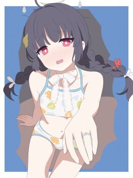 1girl bikini black_hair blue_archive blue_background braid commentary_request feet_out_of_frame grey_halo halo highres jewelry leaf leaf_on_head leaf_print long_hair miyu_(blue_archive) miyu_(swimsuit)_(blue_archive) official_alternate_costume peanut_mouth print_bikini red_eyes ribbon ring sitting solo starry_mq swimsuit twin_braids wedding_ring white_bikini white_ribbon