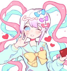 Rule 34 | 1girl, ;d, blue bow, blue eyes, blue hair, blush, bow, chinese commentary, chouzetsusaikawa tenshi-chan, commentary request, hair bow, hands up, heart, holding, holding phone, long hair, long sleeves, looking at viewer, multicolored hair, needy girl overdose, one eye closed, open mouth, phone, pink hair, purple bow, quad tails, red bow, sailor collar, smile, solo, upper body, w, white background, white hair, wufaminmiedeai, yellow bow