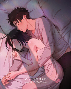 1boy 1girl artist_name bare_arms bare_shoulders bed_sheet black_hair black_pants breasts brown_hair closed_eyes couple darvaren dress eren_yeager grey_shirt hetero hug hug_from_behind long_dress lying medium_breasts midriff_peek mikasa_ackerman on_bed on_side pants parted_lips pillow shingeki_no_kyojin shirt short_hair upper_body white_dress
