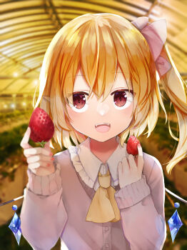 1girl absurdres alternate_costume ascot blonde_hair blurry bow collared_shirt commentary_request crystal crystal_wings depth_of_field flandre_scarlet food frilled_shirt_collar frills fruit grey_sweater hair_bow highres incoming_food long_sleeves looking_at_viewer minatsuki_yurara multicolored_wings one_side_up open_mouth pink_bow pink_nails red_eyes shirt smile solo strawberry sweater teeth touhou upper_teeth_only white_shirt wings yellow_ascot