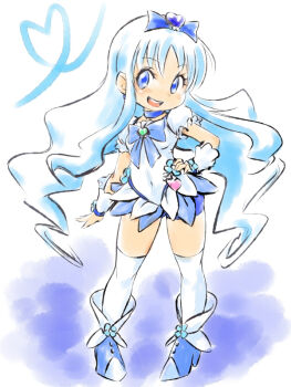 Rule 34 | 10s, 1girl, bike shorts, bike shorts under skirt, blue eyes, blue hair, blue skirt, blue theme, bow, brooch, choker, cure marine, female focus, full body, hair ornament, hairpin, hand on own hip, heart, heart brooch, heart of string, heartcatch precure!, hip focus, jewelry, kurumi erika, long hair, magical girl, matching hair/eyes, mutsuki (pixiv116518), precure, puffy sleeves, ribbon, shoes, shorts, shorts under skirt, skirt, smile, solo, thighhighs, white background, white thighhighs