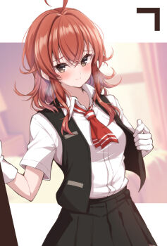 1girl ahoge arashi_(kancolle) black_vest breasts gloves highres jiino kantai_collection kerchief long_hair looking_at_viewer messy_hair pleated_skirt red_hair school_uniform shirt short_sleeves skirt small_breasts smile solo upper_body vest white_gloves white_shirt
