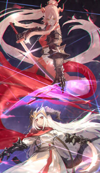 2girls armor cape chromatic_aberration commentary_request dragon_girl dragon_princess_yvetteris energy_barrier gauntlets glint highres holding holding_sword holding_weapon horns katana lens_flare long_hair magic multiple_girls pixiv_fantasia pixiv_fantasia_last_saga pointy_ears ponytail red_cape red_eyes ryuuzaki_ichi smile sword tail tina_dhuramemole very_long_hair weapon white_hair