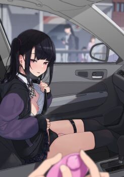 1girl black_bra black_hair black_panties black_skirt black_thighhighs blurry blush bow bowtie bra breasts car car_interior collared_shirt commentary_request ear_piercing earrings exhibitionism flashing highres holding hood hooded_jacket jacket jewelry jirai_kei kashihara_noa_(kindatsu) kindatsu long_hair long_sleeves looking_at_viewer mask motor_vehicle mouth_mask nipples open_clothes original panties piercing plaid_clothes plaid_skirt pleated_skirt pov public_indecency remote_control_vibrator sex_toy shirt sitting skirt small_breasts solo_focus sweat thigh_strap thighhighs tongue tongue_out twintails underwear vibrator vibrator_under_clothes white_shirt
