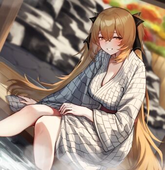 1girl 3_small_spiders blush brown_eyes brown_hair commentary_request dutch_angle girls&#039;_frontline girls&#039;_frontline_2:_exilium japanese_clothes kimono lenna_(girls&#039;_frontline_2) long_hair looking_at_viewer sitting smile solo ump9_(girls&#039;_frontline) very_long_hair wading white_kimono