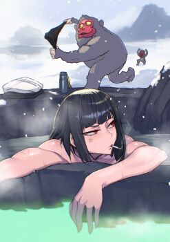 anger_vein angry annoyed bathing black_hair black_panties cigarette highres limbus_company monkey onsen panties project_moon red_eyes ryoshu_(project_moon) short_hair smoking snow steam toned tresmarrow underwear wet winter