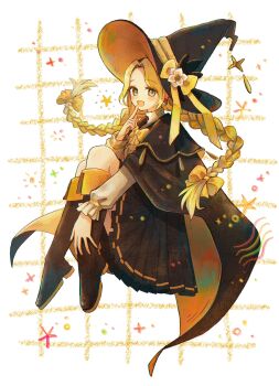 1girl absurdres black_boots black_cape black_hat black_skirt blonde_hair boots bow bowtie braid cape commentary_request finger_to_mouth full_body grid_background hair_bow hat hat_bow highres knee_boots long_hair melty_(corolla) open_mouth original pleated_skirt skirt solo twin_braids witch witch_hat yellow_bow yellow_bowtie yelow_bow