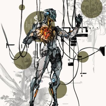 arm_up cable cyborg highres humanoid_robot joints magic:_the_gathering mechanical_arms no_humans official_art robot robot_joints science_fiction shinkawa_youji watercolor_effect