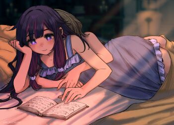 2girls arms_around_another's_waist bare_shoulders bed bed_sheet black_hair blush book brown_hair closed_mouth columbina_(genshin_impact) commentary couple elbow_rest english_commentary genshin_impact hair_flaps hair_ornament halation_pupils head_on_another's_back highres hug hug_from_behind lace-trimmed_nightgown long_hair long_sidelocks lying monchizu multicolored_hair multiple_girls nightgown on_bed on_side pillow pom_pom_(clothes) pom_pom_hair_ornament purple_eyes purple_hair purple_nightgown purple_streaks sandrone_(genshin_impact) short_hair sidelocks sleepwear smile streaked_hair two-tone_hair under_covers unusually_open_eyes very_long_hair yuri