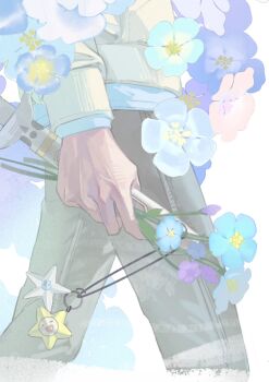 1boy blue_flower cardigan cropped_legs flower forget-me-not_(flower) grey_pants highres holding holding_sword holding_weapon love_and_deepspace male_focus pants purple_flower rayray8208820 shirt shirt_under_sweater solo star_charm sword veins veiny_hands walking weapon white_background white_flower white_shirt xavier_(love_and_deepspace) yellow_cardigan