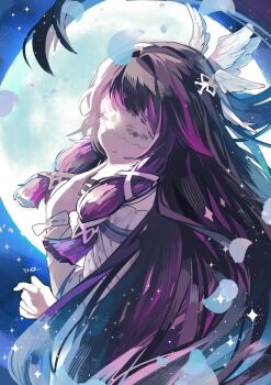 1girl angel_wings bare_shoulders black_hair blue_sky bow closed_eyes closed_mouth columbina_(genshin_impact) commentary day dress english_commentary eye_mask feathered_wings floating_hair full_moon genshin_impact gradient_hair hair_ornament hand_up head_wings highres mask moon multicolored_hair night night_sky obakeno_m off-shoulder_dress off_shoulder outdoors petals puffy_short_sleeves puffy_sleeves purple_hair short_sleeves sidelocks sky smile solo sparkle white_bow white_dress white_mask wings x_hair_ornament