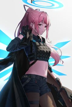 1girl absurdres ambriel_(arknights) angel_wings arknights black_gloves blue_halo blue_wings bolt_action breasts commentary_request commission gloves gun halo highres medium_breasts natoriusu_sansei navel pantyhose pink_eyes pink_hair pixiv_commission ponytail solo thighs weapon wings