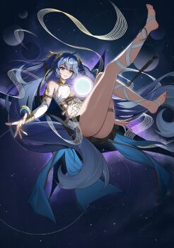 1girl absurdres ahoge ancient_greek_clothes armlet bare_shoulders barefoot black_skirt blue_eyes blue_hair blush breasts closed_mouth commentary feet gold_bra greco-roman_clothes hair_belt highres iuno_(wuthering_waves) jewelry large_breasts laurel_crown leg_wrap long_hair looking_at_viewer multicolored_hair orb paradox_(parapa) showgirl_skirt skirt smile solo streaked_hair thighlet thighs toes twintails very_long_hair wuthering_waves