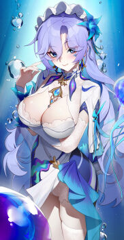 1girl a_xian_shi_yi_tiao_xianyu absurdres arm_under_breasts blue_eyes blue_flower blue_hair blue_nails blush breasts bubble cantarella_(wuthering_waves) closed_mouth colored_inner_hair commentary_request dress earrings facial_mark fingernails flower hair_between_eyes hair_flower hair_ornament hand_up headdress highres jewelry large_breasts long_hair looking_at_viewer mark_under_eye mole mole_under_eye multicolored_hair nail_polish partial_commentary purple_hair shrug_(clothing) single_thighhigh skindentation smile solo thighhighs thighs very_long_hair white_dress white_shrug white_thighhighs wuthering_waves