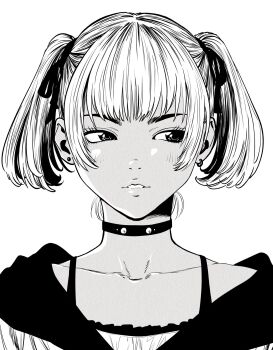 1girl bra_strap choker collarbone commentary_request dark-skinned_female dark_skin earrings hair_ribbon highres hood hoodie jewelry lee_(dragon_garou) mismatched_earrings original portrait ribbon sideways_glance solo straight-on stud_earrings twintails