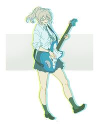 Rule 34 | 1girl, black footwear, black skirt, black socks, blue necktie, blue shirt, closed eyes, collared shirt, commentary request, electric guitar, girls band cry, grey background, grey hair, guitar, highres, instrument, kawaragi momoka, necktie, open mouth, playing guitar, pleated skirt, ponytail, school uniform, shirt, skirt, sleeves rolled up, smile, socks, solo, two-tone background, white background, yumuto (spring1786)
