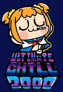 1girl :3 bkub blue_background blue_sailor_collar blue_skirt blush_stickers brown_shoes chibi chibi_only cigarette closed_eyes closed_mouth crossed_legs dot_nose full_body hair_ornament hair_scrunchie highres long_sleeves neckerchief poptepipic popuko red_neckerchief sailor_collar school_uniform scrunchie serafuku shirt shoes short_hair short_twintails sidelocks simple_background sitting skirt socks solo twintails white_shirt white_socks yellow_scrunchie