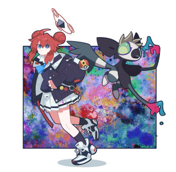 1girl absurdres ahoge black_jacket black_socks blue_archive blue_eyes commentary_request double_bun finger_painting grafaiai hair_between_eyes hair_bun halo highres jacket long_sleeves maki_(blue_archive) miniskirt nintendo paint pleated_skirt poke_ball pokemon pokemon_(creature) red_hair red_halo shoes skirt sneakers socks toucho3691 trait_connection white_skirt