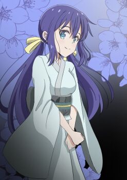 1girl blue_eyes blue_hair blush closed_mouth dot_nose female_focus flower hair_between_eyes hair_ribbon japanese_clothes kimono koisuru_asteroid long_hair long_sleeves looking_at_viewer manaka_ao qb_(qb46311027) ribbon smile solo stomach