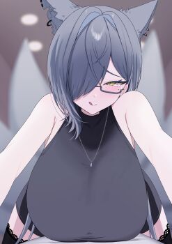 1girl :q absurdres animal_ear_fluff animal_ears assertive_female black_thighhighs blurry blurry_background breasts character_request commission copyright_request earrings glasses grey_hair hair_between_eyes hair_intakes hair_over_one_eye highres huge_breasts implied_paizuri jewelry mole mole_under_eye mopyo_(gvmmr) multiple_tails necklace pov semi-rimless_eyewear skeb_commission sleeveless slit_pupils solo tail taut_clothes thighhighs tongue tongue_out yellow_eyes