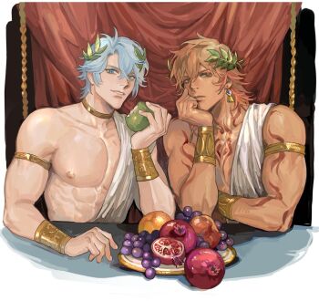 2boys alternate_costume ancient_greek_clothes arm_rest arm_tattoo armlet blonde_hair blue_eyes blue_hair bracelet chest_tattoo chiton closed_mouth collarbone dragon_fruit earrings facial_tattoo food fruit gold_armlet gold_bracelet gold_choker gold_earrings grapes greco-roman_clothes holding holding_food holding_fruit honkai:_star_rail honkai_(series) jewelry laurel_crown lips long_hair looking_at_viewer male_focus multiple_boys mydei_(honkai:_star_rail) nose orange_(fruit) p1enon parted_lips peach phainon_(honkai:_star_rail) red_tattoo tattoo teeth upper_body yellow_eyes