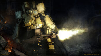 3d absurdres battle commentary concept_art damaged dirty english_commentary firing gun heart highres machine_gun machinery mecha mike_doscher military no_humans one-eyed original realistic robot shell_casing signature smoke watermark weapon web_address