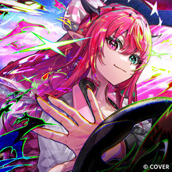 1girl album_cover blue_eyes checkered_hat closed_mouth commentary_request cover driving earrings hat heterochromia highres hololive hololive_english horns iris_(tb33064667) irys_(hololive) jacket jewelry long_hair looking_at_viewer official_art pink_eyes pointy_ears red_hair sidelocks smile solo steering_wheel upper_body virtual_youtuber white_jacket