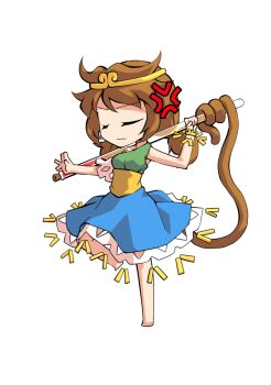 Rule 34 | 1girl, barefoot, blue skirt, breasts, brown hair, chibi, chibi only, circlet, closed eyes, commentary request, dairi, full body, green shirt, holding, holding test tube, large variant set, low twintails, medium hair, monkey tail, shirt, simple background, skirt, solo, son biten, standing, standing on one leg, tachi-e, tail, test tube, touhou, transparent background, twintails, variant set