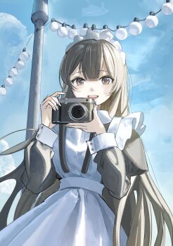 Rule 34 | 1girl, apron, black dress, black hair, blue sky, brown eyes, camera, dress, frilled apron, frills, headdress, highres, holding, holding camera, juliet sleeves, lamppost, long hair, long sleeves, looking at viewer, maid, maid apron, maid headdress, open mouth, original, outdoors, puffy sleeves, shii (kairi-t-k0317), sky, smile, solo, very long hair, white apron