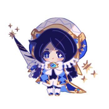 +_+ 1girl beret black_gloves black_pantyhose black_vest blue_eyes blue_hair blue_hat blue_robe blue_theme boots bow bowtie braid check_gender chibi closed_mouth cookie_run cookie_run:_kingdom eye_brooch eyelashes four-pointed_star frilled_sleeves frills gender_request gloves happy hat hexagram holding holding_polearm holding_weapon knee_boots lance light_blush long_hair long_sleeves looking_at_viewer low_twin_braids mycookie pantyhose polearm print_headwear puffy_long_sleeves puffy_sleeves reed robe shirt shorts simple_background smirk solo sparkling_eyes standing star_(symbol) star_print twin_braids two-tone_hat vest weapon white_background white_boots white_bow white_bowtie white_hat white_shirt white_shorts