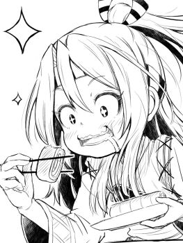 1girl chopsticks drooling eating food greyscale headband japanese_clothes kantai_collection long_hair monochrome omelet pandemic14 ponytail saliva smile solo tamagoyaki upper_body zuihou_(kancolle)
