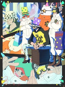Rule 34 | 4boys, ^ ^, bear, bepo (one piece), black border, boots, border, closed eyes, closed mouth, commentary request, confetti, crepe, crossed arms, facial hair, food, full body, goatee, hand tattoo, hat, heart pirates jolly roger, high heels, highres, holding, holding crepe, holding food, jumpsuit, looking ahead, looking at viewer, male focus, mini hat, multiple boys, multiple views, one piece, orange jumpsuit, penguin (one piece), shachi (one piece), sharp teeth, sideburns, sitting, smile, star-shaped eyewear, star (symbol), tattoo, teeth, trafalgar law, u ta p, v, white jumpsuit
