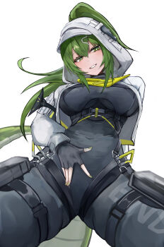 1girl absurdres arknights arknights:_endfield black_bodysuit black_gloves bodysuit breasts bright_pupils commentary_request fingerless_gloves fingernails fluorite_(arknights) gloves green_hair green_nails green_tail grey_hood grey_tail grin hair_ornament hairclip highres hood hood_up kisumun large_breasts long_hair long_sleeves looking_at_viewer nail_polish partial_commentary simple_background smile snake_girl snake_tail solo tail v white_background white_pupils