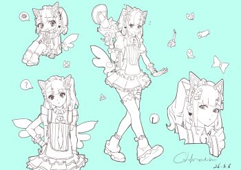 Rule 34 | 1girl, ?, absurdres, animal ears, aqua background, bell, blush, closed mouth, commentary request, cropped torso, dated, dress, earrings, fake animal ears, frilled dress, frills, full body, greyscale, hand on own hip, heart, heart earrings, highres, holding, holding megaphone, jewelry, kumu feng chun, looking at viewer, megaphone, monochrome, multiple views, neck bell, open mouth, parted lips, shoes, sidelocks, signature, simple background, sleeveless, sleeveless dress, spot color, sunna (afternoon tea break) (zenless zone zero), sunna (zenless zone zero), thighhighs, upper body, zenless zone zero