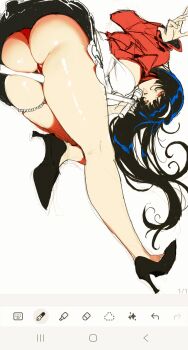 1girl ass astra_yao back bent_over black_hair breasts cameltoe closed_mouth commentary cowboy_shot earrings english_commentary from_behind hairband highres jewelry long_hair looking_at_viewer looking_back medium_breasts panties presenting presenting_ass red_eyes red_shrug see-through_clothes shadow shiny_skin shoulder_blades shrug_(clothing) simple_background solo sweat twitter_username underwear user_gkyf4322 wet wet_clothes white_background white_hairband white_panties zenless_zone_zero