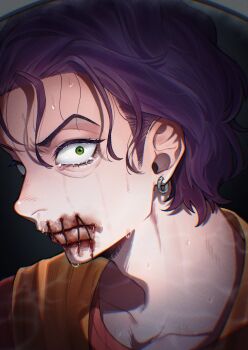 Rule 34 | 1boy, absurdres, blood, blood on mouth, closed mouth, commentary request, crying, earrings, green eyes, hair slicked back, highres, jewelry, looking at mirror, looking at viewer, male focus, mirror, nekowaka smore, no i'm not a human, orange scarf, portrait, purple hair, red shirt, scarf, shirt, short hair, solo, stitched mouth, stitches, sweat, wireface (no i'm not a human)
