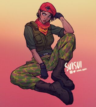 1girl alibi_(rainbow_six_siege) artist_name belt beret boots camouflage camouflage_pants combat_boots commentary english_commentary facing_viewer fingerless_gloves full_body gloves hand_on_own_head hand_up hat highres instagram_logo lips looking_to_the_side military_operator pants rainbow_six_siege red_scarf resting scarf signature simple_background sitting sketch sleeves_rolled_up solo solo_focus suisui_again twitter_logo twitter_username watch wristwatch