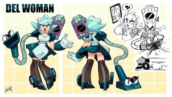 1girl absurdres android blue_hair breasts commentary english_commentary gerph gloves highres large_breasts maid mechanical_arms mega_man:_dual_override mega_man_(classic) mega_man_(series) mega_man_robot_master_design_contest object_head original red_eyes reference_sheet robot_girl solo thighhighs toon_(style) twintails vacuum_cleaner