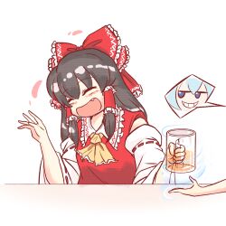 Rule 34 | 2girls, ascot, black hair, blue eyes, blue hair, blush, bow, cirno, commentary, cryokinesis, cup, detached sleeves, english commentary, fang, frilled bow, frilled hair tubes, frills, grin, hair bow, hair tubes, hakurei reimu, holding, holding cup, korean commentary, long hair, mirae somang, multiple girls, open mouth, red bow, ribbon-trimmed sleeves, ribbon trim, smile, touhou, yellow ascot