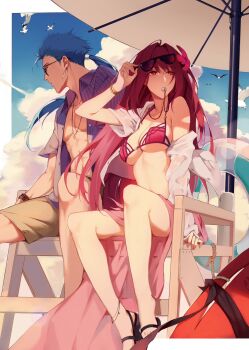 Rule 34 | 1boy, 1girl, alternate costume, anklet, bad id, bad pixiv id, beach, beach umbrella, bikini, bird, blue hair, blue sky, bracelet, breasts, buoy, chair, cloud, cloudy sky, cu chulainn (fate), cu chulainn (lancer) (fate), day, earrings, fate/grand order, fate/stay night, fate (series), flower, hair flower, hair intakes, hair ornament, hibiscus, highres, jacket, jewelry, large breasts, lifeguard chair, looking away, looking to the side, navel, off shoulder, open clothes, open shirt, pink bikini, ponytail, purple bikini, purple hair, red eyes, reroi, sandals, sarong, scathach (fate), scathach (fate/grand order), scathach (swimsuit assassin) (fate), seagull, shorts, sky, sunglasses, sweat, swimsuit, umbrella, whistle