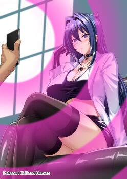 1boy 1girl black_gloves black_skirt black_sports_bra black_thighhighs blue_hair blush breasts cellphone chair closed_mouth coach collarbone crossed_legs empty_eyes gloves hellandheaven holding holding_phone hypnosis indoors jewelry large_breasts long_hair looking_at_viewer maken-ki! mind_control miniskirt nijou_aki on_chair open_clothes open_shirt parted_lips pendant phone shirt sitting skirt smartphone smile solo_focus sports_bra thighhighs virtual_youtuber white_shirt