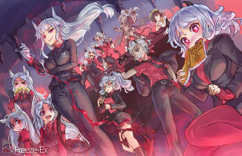 6+girls alcohol alternate_eye_color angel animal_ears armband azazel_(helltaker) belt black_gloves black_hair black_horns black_neckwear black_pants black_suit black_vest blue_eyes blush boots bottle breasts business_suit cerberus_(helltaker) chain cigarette closed_eyes collared_shirt colored_skin cross cup curly_hair dark-skinned_female dark_skin demon_girl demon_horns demon_tail demon_wings dog_ears dog_girl drinking_glass eating fang fingerless_gloves formal_clothes freeze-ex gauntlets glasses gloves grey_skin hair_over_one_eye hair_ribbon halo heart heart-shaped_pupils hell helltaker holding holding_phone horns jacket jacket_on_shoulders jewelry judgement_(helltaker) justice_(helltaker) kurodani_yamame large_breasts long_hair long_sleeves looking_at_viewer lucifer_(helltaker) malina_(helltaker) marker_(medium) miniskirt modeus_(helltaker) mole mole_under_eye multiple_girls navel necklace necktie one_eye_closed open_mouth pandemonica_(helltaker) pants pantyhose phone ponytail red_eyes red_gloves red_shirt red_sweater ribbed_sweater ribbon shirt short_hair short_sleeves sitting skirt smile smoking suit sunglasses sunglasses_removed sweater symbol-shaped_pupils tail teeth touhou traditional_media triplets turtleneck unworn_eyewear vest waistcoat white_eyes white_gloves white_hair white_horns white_shirt wine wine_glass wings zdrada_(helltaker)