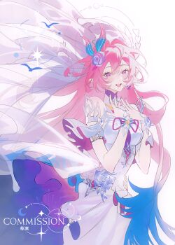 1girl absurdres ajiu0101 aqua_hair breasts chinese_commentary commentary_request commission cyrene_(honkai:_star_rail) cyrene_(ripples_of_past_reverie)_(honkai:_star_rail) diamond-shaped_pupils diamond_(shape) earrings flower hair_flower hair_ornament highres honkai:_star_rail honkai_(series) jewelry large_breasts long_hair looking_at_viewer multicolored_hair pointy_ears purple_eyes simple_background smile solo symbol-shaped_pupils two-tone_hair very_long_hair white_background