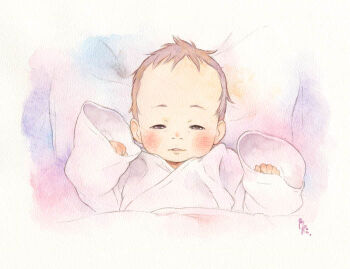 archived_source baby blanket blush brown_eyes brown_hair chitose commentary dated_commentary forehead half-closed_eyes japanese_clothes kimono long_sleeves lying nostrils on_back original painting_(medium) parted_lips signature sleeves_past_wrists solo tanaka_kunihiko teeth traditional_media watercolor_(medium) white_kimono white_sleeves wide_sleeves