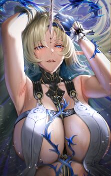 1girl absurdres armpits arms_up artist_name bare_shoulders biting_own_lip black_collar blonde_hair blue_eyes blue_hair breast_curtains breasts collar colored_inner_hair commentary english_commentary fleurdelys_(wuthering_waves) hand_on_own_head hands_in_own_hair highres horns huge_breasts jewelry kenn_artz long_hair looking_at_viewer multicolored_hair necklace pointy_ears single_horn solo tacet_mark_(wuthering_waves) upper_body very_long_hair wet wuthering_waves yellow_horns