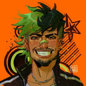 1boy antonio_leon_mars_(skcd_loen) artist_logo bandaid bandaid_on_face bandaid_on_nose black_hair black_jacket commentary ear_piercing english_commentary eyebrow_cut facial_hair floating_hair frutiger_metro goatee green_eyes green_hair half-closed_eyes hashtag-only_commentary highres jacket jewelry logo looking_at_viewer mullet multicolored_hair mustache necklace orange_background original piercing portrait ring_piercing shirt short_hair silver_necklace skcd_loen sketch smile split-color_hair star_(symbol) star_symbol_background striped_clothes striped_jacket stubble tan teeth track_jacket two-tone_hair undercut vertical-striped_clothes vertical-striped_jacket white_shirt